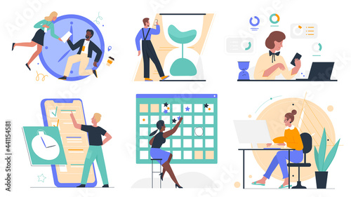 Time management concept and working business people set vector illustration. Cartoon man woman employee characters work, running to catch deadline near hourglass, planner calendar isolated on white