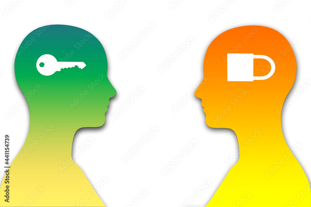 heads with lock and key, illustration of communication, understanding and compatibility concept heads with lock and key, illustration of communication, understanding and compatibility concept