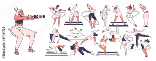 Set of vector characters involved in sports. Healthy lifestyle concept. Joyful, smiling women are engaged in fitness, morning exercises, yoga, exercise, push-ups and squats, twist hula hoops.