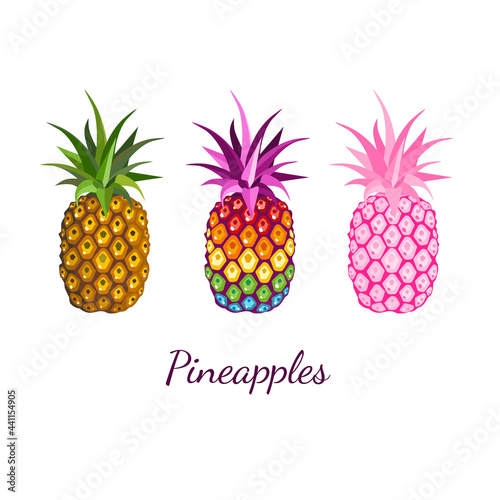 Image with three multicolored and rainbow pineapples fruit on white background. For modern print t-shirt, pride LGBT symbol, kid's design graphic element, branding, logo. Vector illustration.