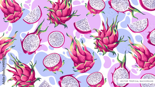 Bright vector background for desktop on computer, tablet, phone with tropical fruits of cactus Pitaya, Dragon Fruit. Detailed hand-drawn plants on background of colored dots. Cover for social networks