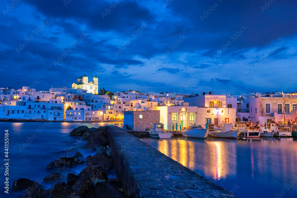 Picturesque Naousa town on Paros island, Greece in the night