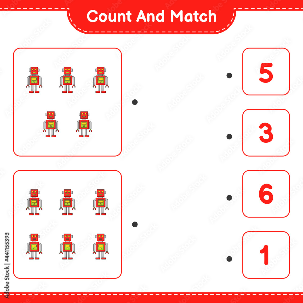 Count and match, count the number of Robot Character and match with the right numbers. Educational children game, printable worksheet, vector illustration Count and match, count the number of Robot Character and match with the right numbers. Educational children game, printable worksheet, vector illustration