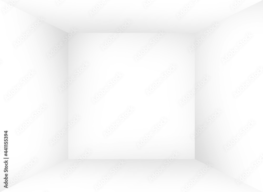 A solid white empty cube shaped studio room backdrop 3D rendered illustration with square wall for product presentation
