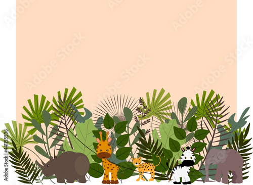 Palm leaves and safari animals. Funny zebra, giraffe, leopard. 