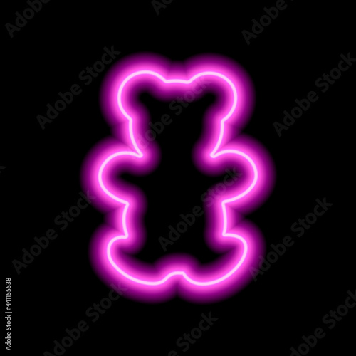 The outline of a neon pink bear on a black background. Toy