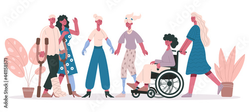 Handicapped people. Group of disabled characters, friendly disable injury persons isolated vector illustration. Disabled people group