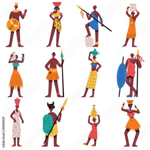 African characters. Tribe male and female people, black characters wearing traditional ethnic clothes vector illustration set. Group of African inhabitants