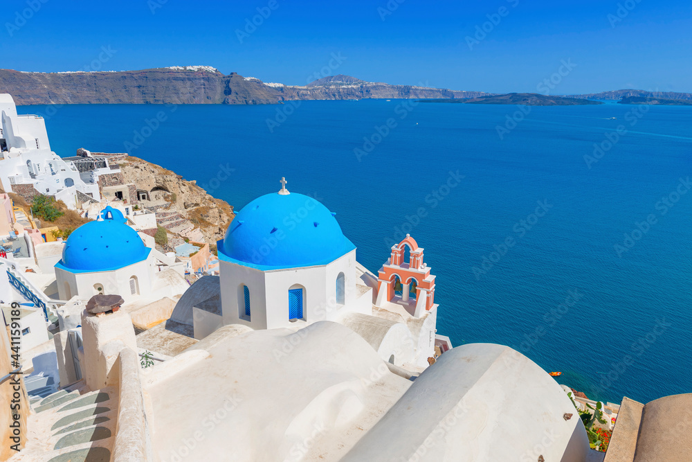 Beautiful old church domes in Thira, Santorini, Greece