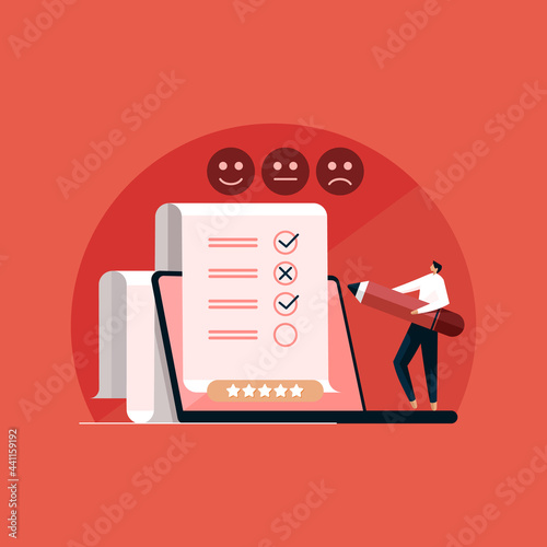Online survey form. Man putting check mark on checklist. CRM, Customer experience, feedback and satisfaction concept