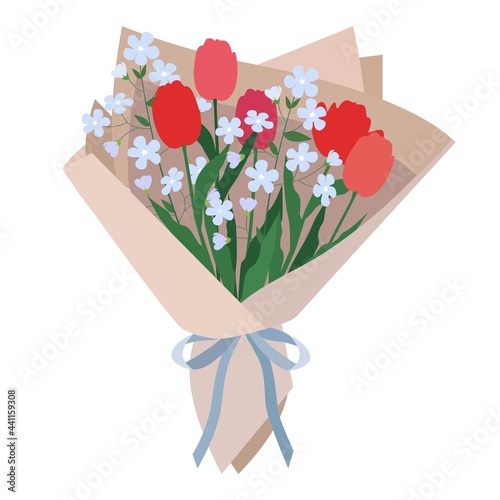 Floral vector bouquet with tulips and blue flowers in craft paper