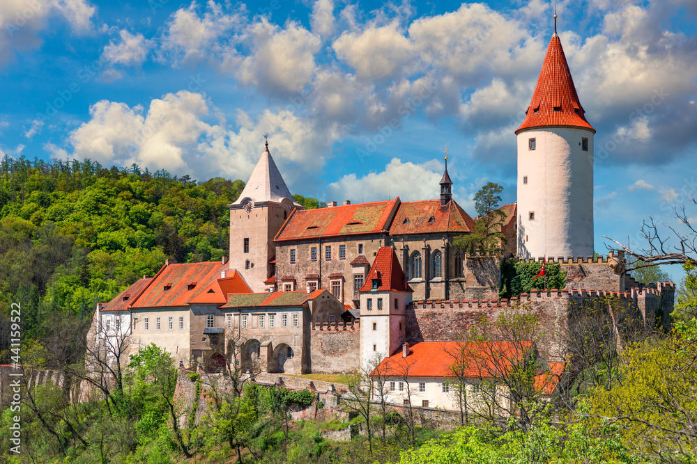 Aerial view of castle Krivoklat in Czech republic, Europe. Famous Czech medieval castle of Krivoklat, central Czech Republic. Krivoklat castle, medieval royal castle in Central Bohemia, Czechia.