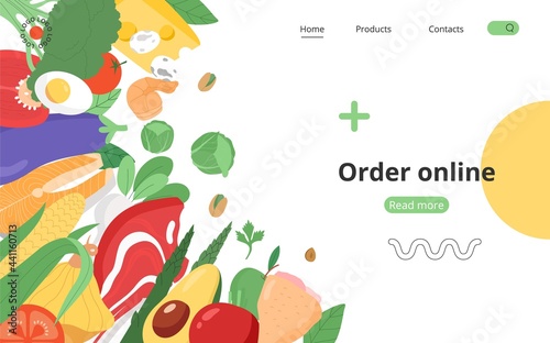 Order food online template. Flat vector illustration with dietetic or organic products or balanced nutrition. 