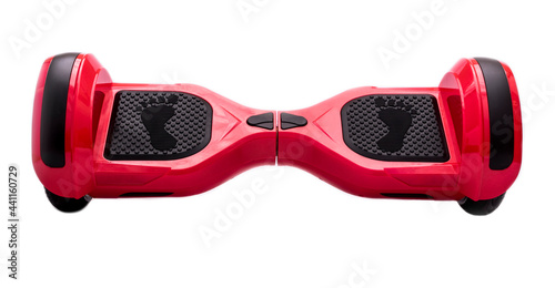 Self-balancing two-wheeled board or hoverboard scooter isolated on white background. Gyroboard: red gyroboard on white background. New movement