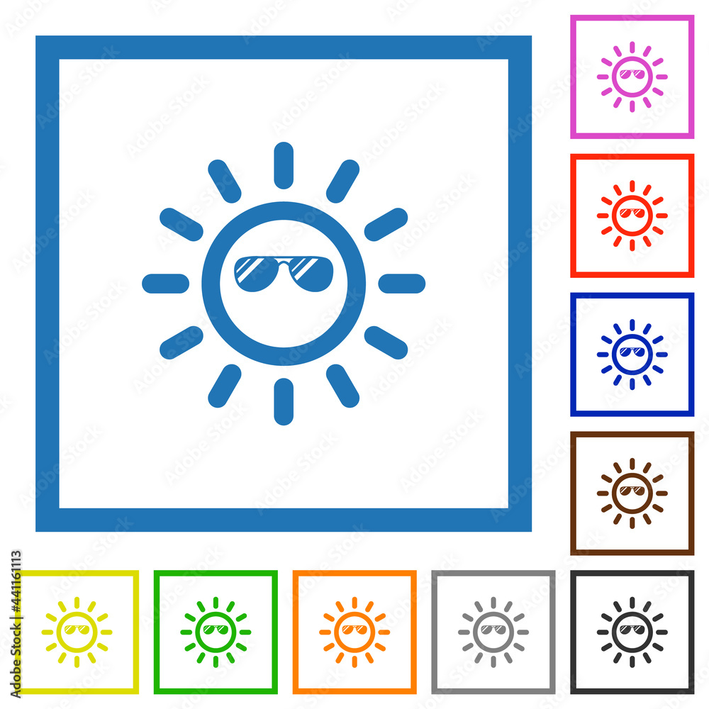 Sun with glossy sunglasses flat framed icons Sun with glossy sunglasses flat framed icons