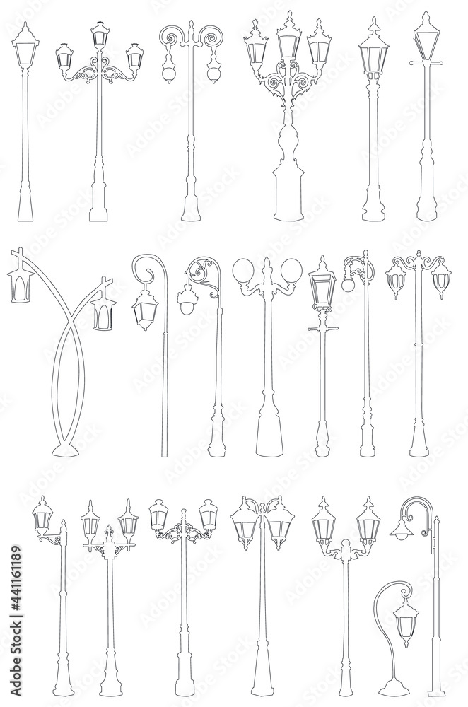 set of street lamp, sketch in isolation, vector set of street lamp, sketch in isolation, vector