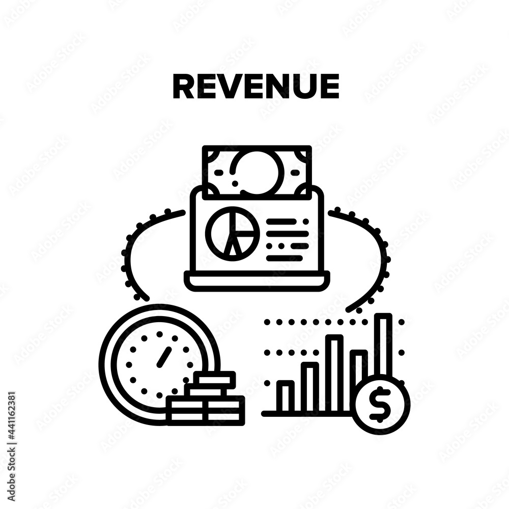Revenue Finance Vector Icon Concept. Revenue Finance, Annual Banking Deposit Profit, Salary Rate Increase And Money Earning And Management. Dollar Income And Economy Business Black Illustration
