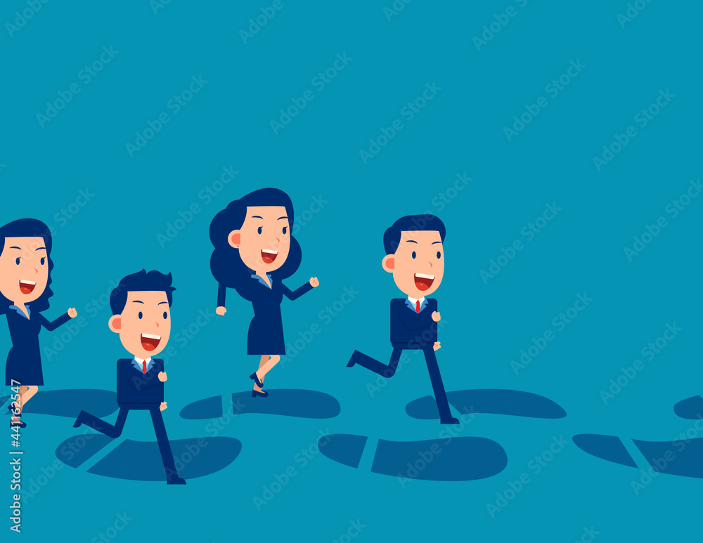 Business team running along huge footprints. Business vector illustration