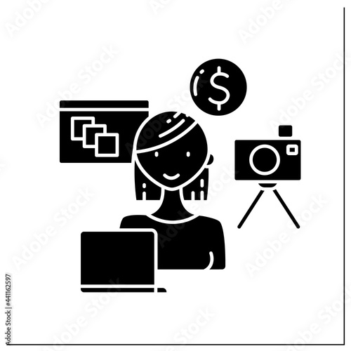 Stock photographer glyph icon. Woman takes photos for stock agencies. Sell works for clients. Small business owner concept.Filled flat sign. Isolated silhouette vector illustration