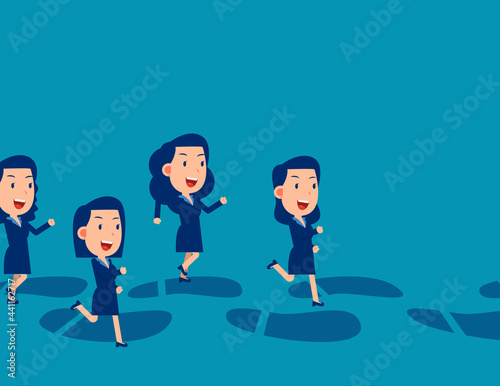 Business team running along huge footprints. Business vector illustration