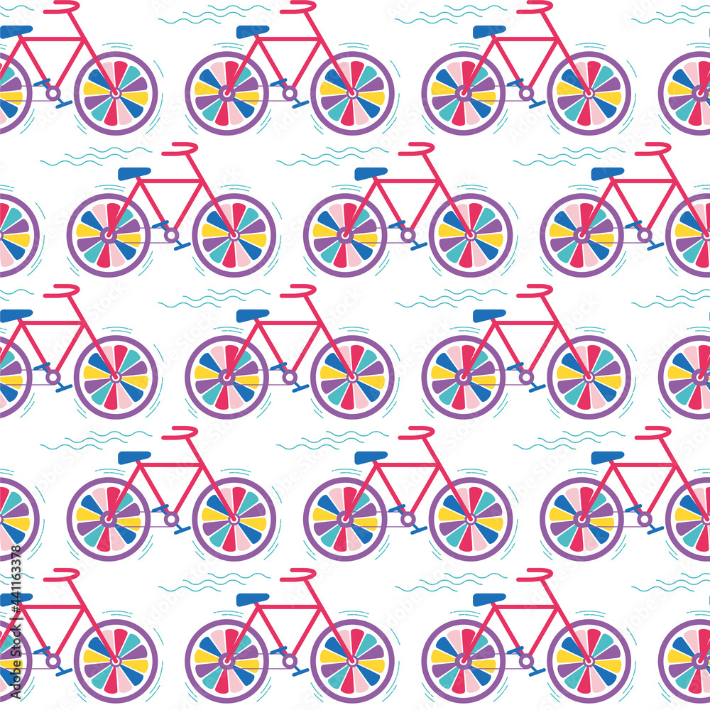 Abstract bicycles seamless pattern. Vector illustration, flat, symbols, icons, sign. Texture, wallpaper, background for textile, fabric Abstract bicycles seamless pattern. Vector illustration, flat, symbols, icons, sign. Texture, wallpaper, background for textile, fabric