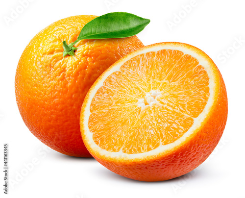 Orange isolate. Orange fruit with a half on white background. With clipping path. Full depth of field.