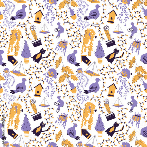 Seamless Pattern of cute doodle vector illustration with backyard elements. Light bulb garland, cat, birds, flower in pots, birds feeders and birds house