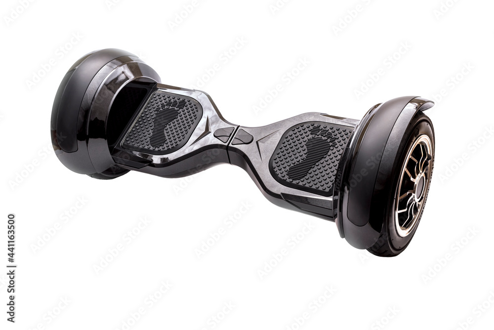 Self-balancing two-wheeled board or hoverboard scooter isolated on white background. Gyroboard: black gyroboard on white background. New movement Self-balancing two-wheeled board or hoverboard scooter isolated on white background. Gyroboard: black gyroboard on white background. New movement