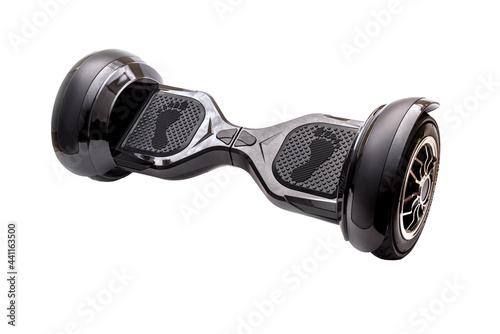 Self-balancing two-wheeled board or hoverboard scooter isolated on white background. Gyroboard: black gyroboard on white background. New movement © Yuliya