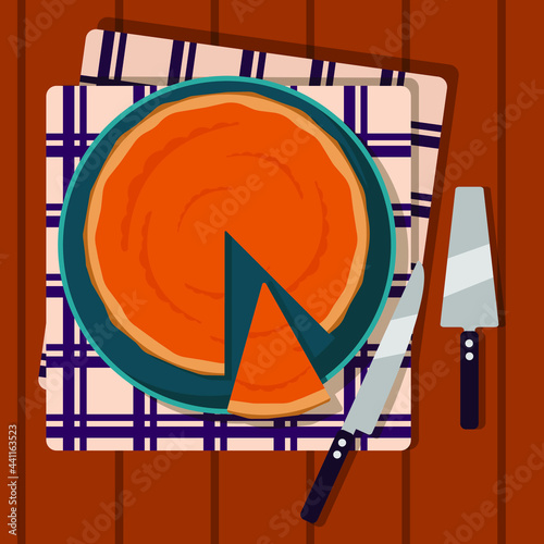 Pumpkin pie and cutlery on a wooden table. Vector illustration.