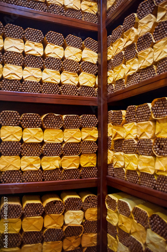 Photography packs of freshly rolled cigars in storage
