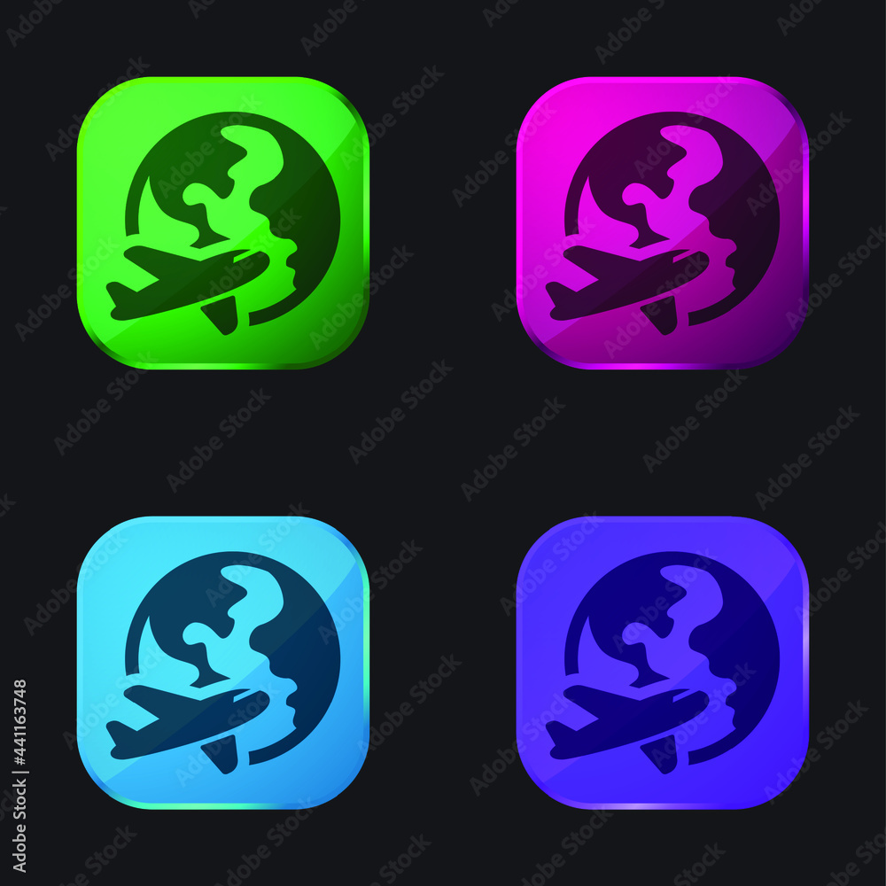 Airplane Around Earth four color glass button icon