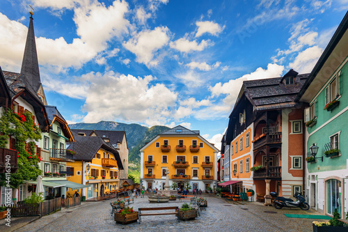 Scenic picture-postcard view of famous Hallstatt mountain village in the Austrian Alps, Salzkammergut region, Hallstatt, Austria. Hallstatt village on Hallstatter lake in Austrian Alps.