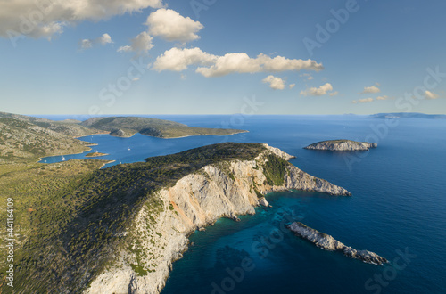 Aerial view of the west coast of the Greek island of Kira Panagia in Northern Sporades