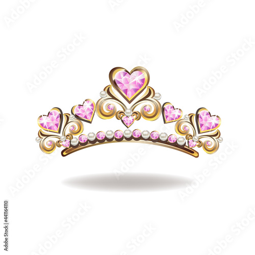 Princess crown or tiara with pearls and pink gems in the shape of a heart vector illustration isolated on white background.