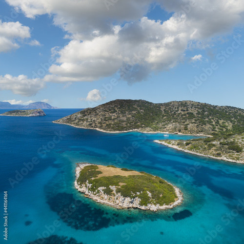 Drone view of the bay on the southwest coast of the Greek island of Kira Panagia in Northern Sporades photo