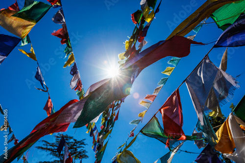Buddhist prayer flags lunga in McLeod Ganj, Himachal Pradesh, India photo