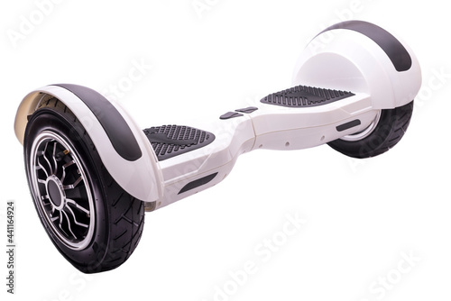 Self-balancing two-wheeled board or hoverboard scooter isolated on white background. Gyroboard: white gyroboard on white background. New movement