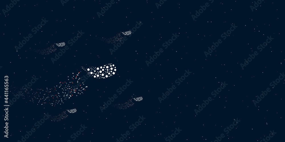 A eggplant symbol filled with dots flies through the stars leaving a trail behind. Four small symbols around. Empty space for text on the right. Vector illustration on dark blue background with stars