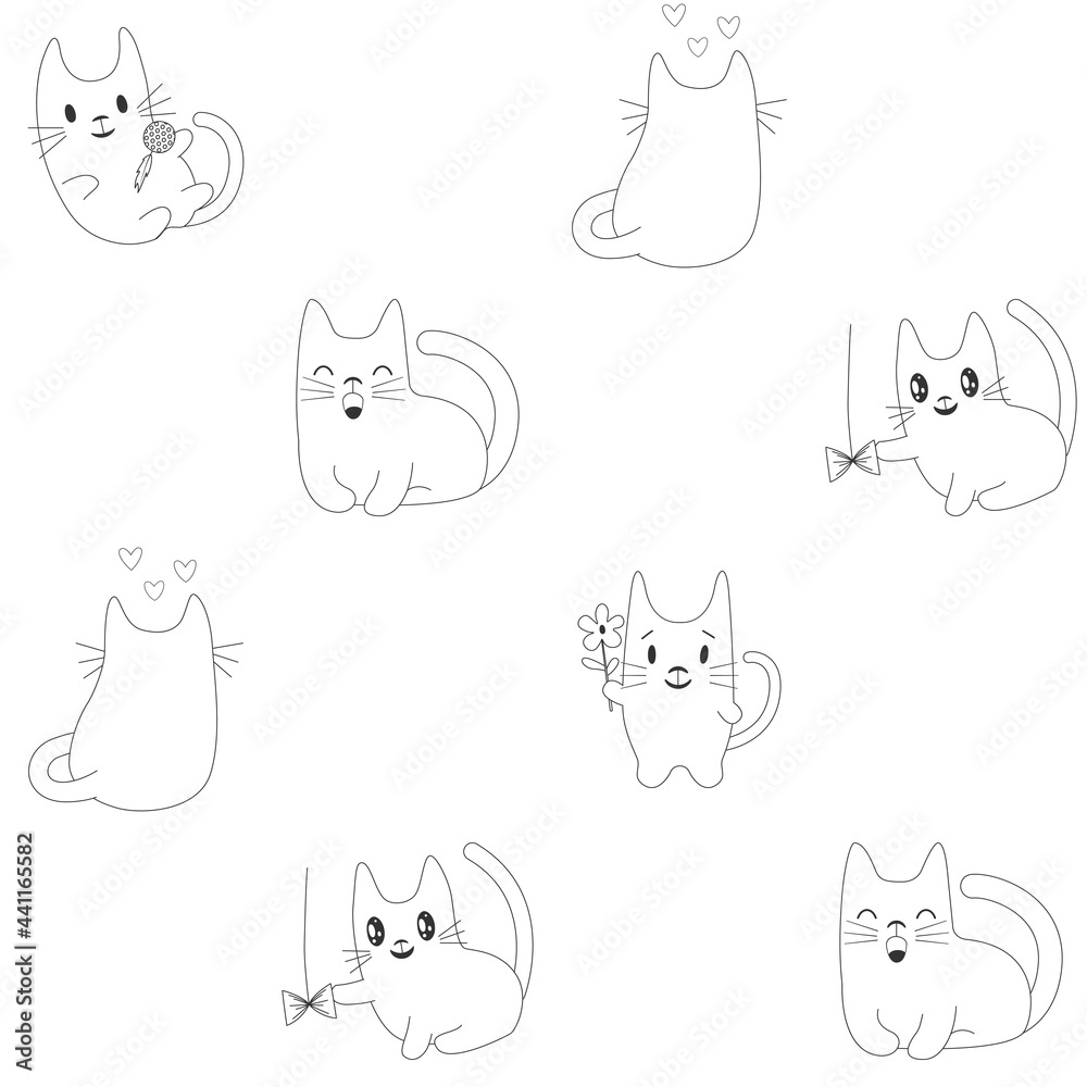 Seamless vector pattern in sketch style with cute cartoon hand-drawn cats. Funny white silhouettes of kittens with grey hand-drawn stroke, seamless vector background for kids.