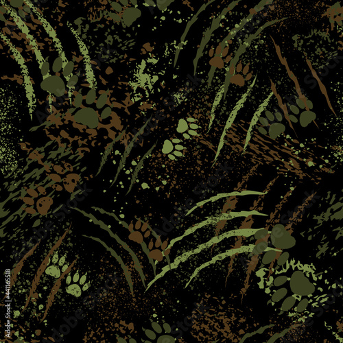 Camouflage with footprints of tiger paws, scratches of claws and splatters, seamless vector background. Military pattern with abstract black, brown and green silhouettes of paws, scrapes, cuts, splash