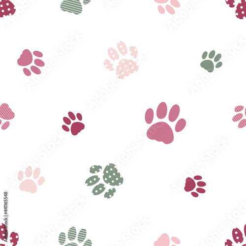Stylized illustration of footprints of cat paws, seamless vector background. Cute pattern with pink and green silhouettes of kitten foot.