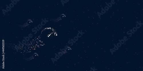 A tachometer symbol filled with dots flies through the stars leaving a trail behind. There are four small symbols around. Vector illustration on dark blue background with stars