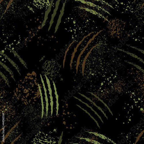 Military pattern with scratches of claws, cuts, sprays and splatters, seamless vector background. Camouflage with abstract black, brown and green silhouettes of scrapes, cuts, splashes and sprays.