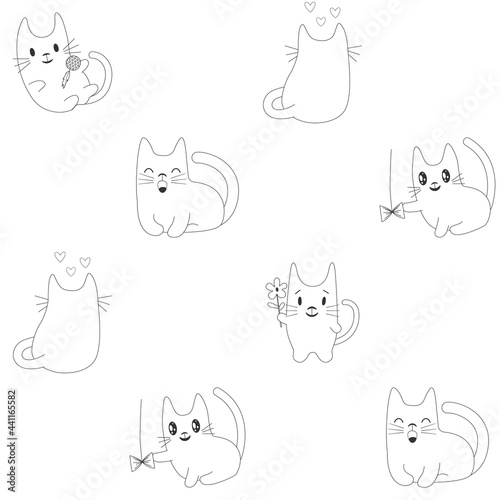 Seamless vector pattern in sketch style with cute cartoon hand-drawn cats. Funny white silhouettes of kittens with grey hand-drawn stroke, seamless vector background for kids.