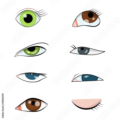 Vector collection of stylized cartoon eyes with various expressions and emotions. Fantasy unreal human eyes are looking with dramatic expressions, vector isolated set.