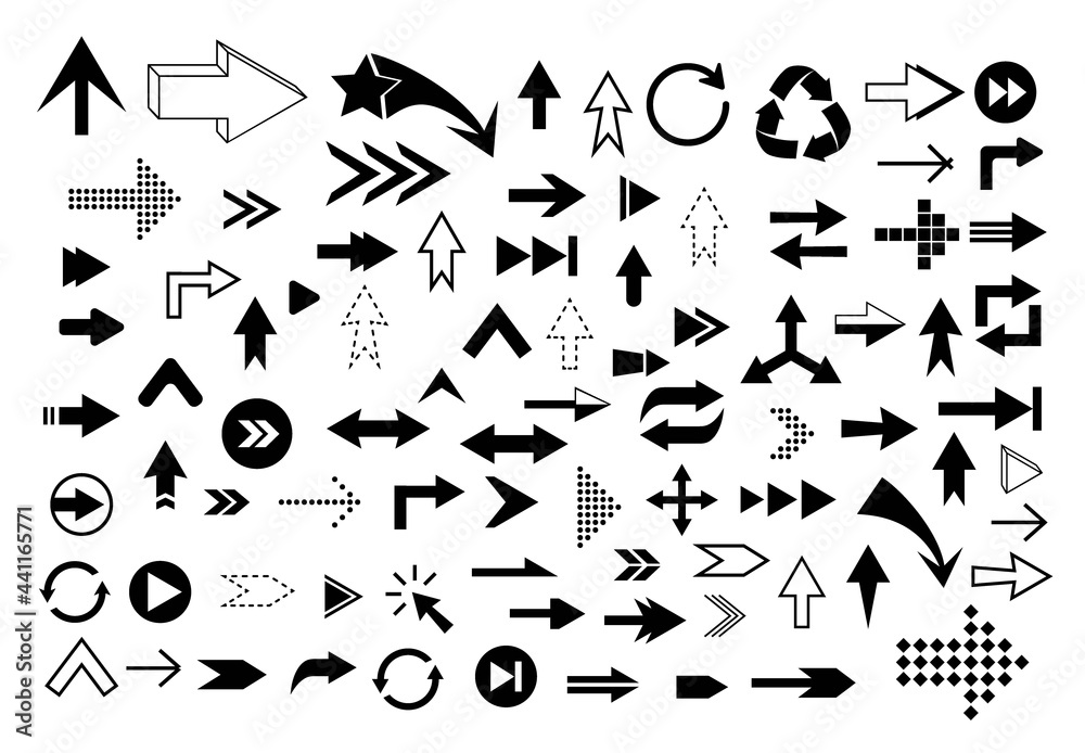 A large set of different arrows in a flat style. Elements for decoration and design. Vector illustration.