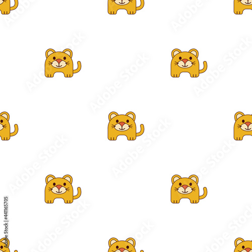 Cute cartoon smiling lion cub and little lioness on the seamless vector background. Pattern for kids with front view of lions, predatory animals of cat family, who have semicircular shape.