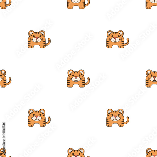 Seamless vector background for kids with cute cartoon tiger cubs. Kind wild cat, orange baby tiger with dark stripes who have semicircular shape is smiling, nice pattern with little funny tiger.