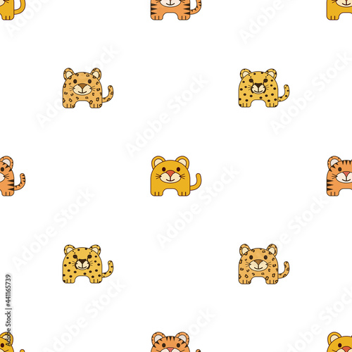 Seamless vector background for kids with cute cartoon tiger, lion, cheetah and leopard. Funny wild cats, front view, are smiling, nice simple pattern with funny animals.